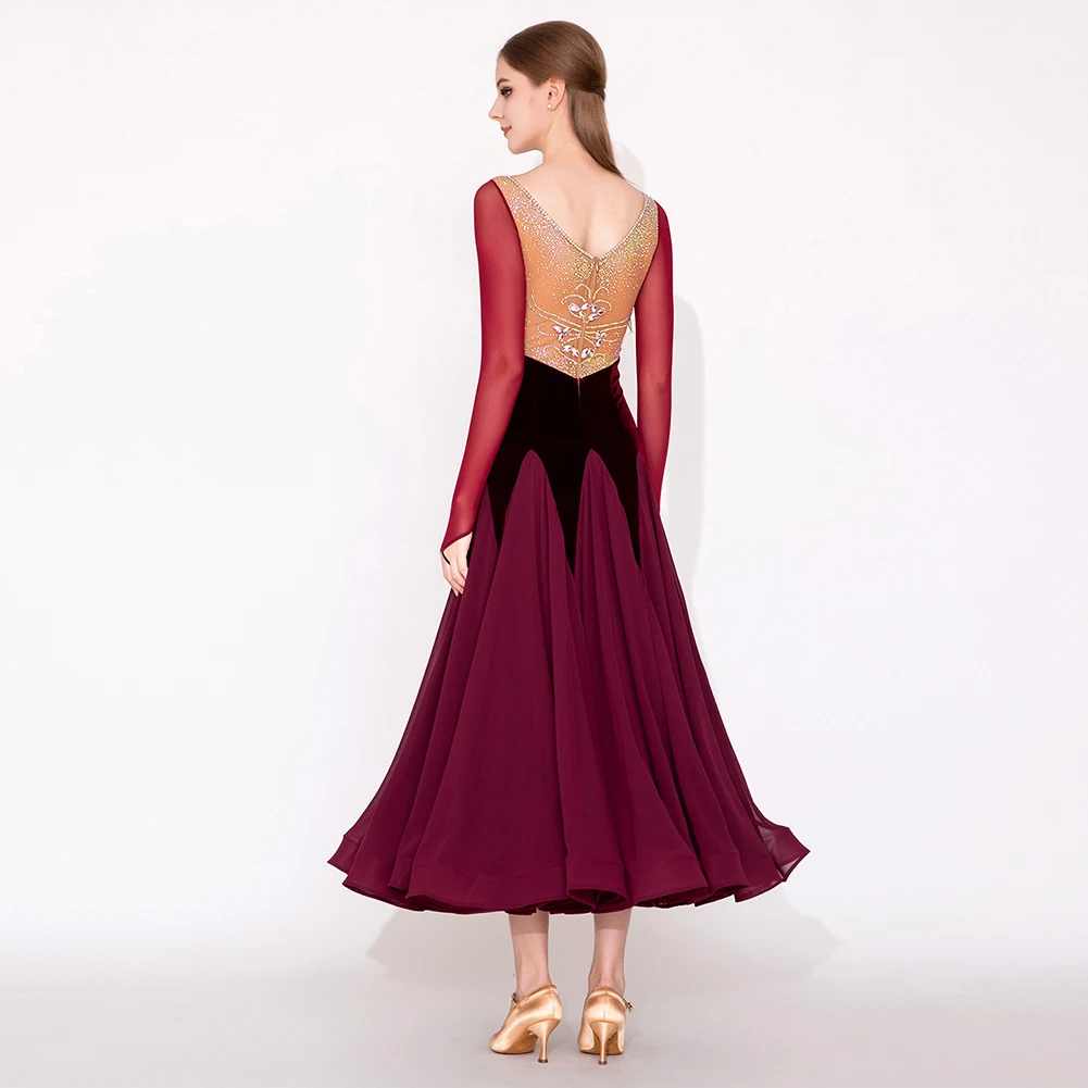 Vestido de baile nobre valsa, novo vestido de competição com strass para mulheres, saia de veludo, manga longa padrão, dança de salão