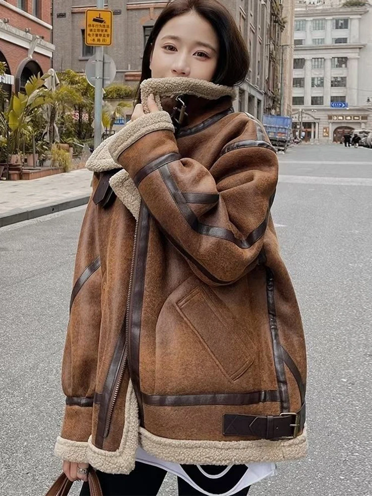 HWL inverno pelle di pecora finta pelliccia giacca in pelle scamosciata donna agnello Shearling Outwear manica lunga cerniera corta Moto Biker Coat