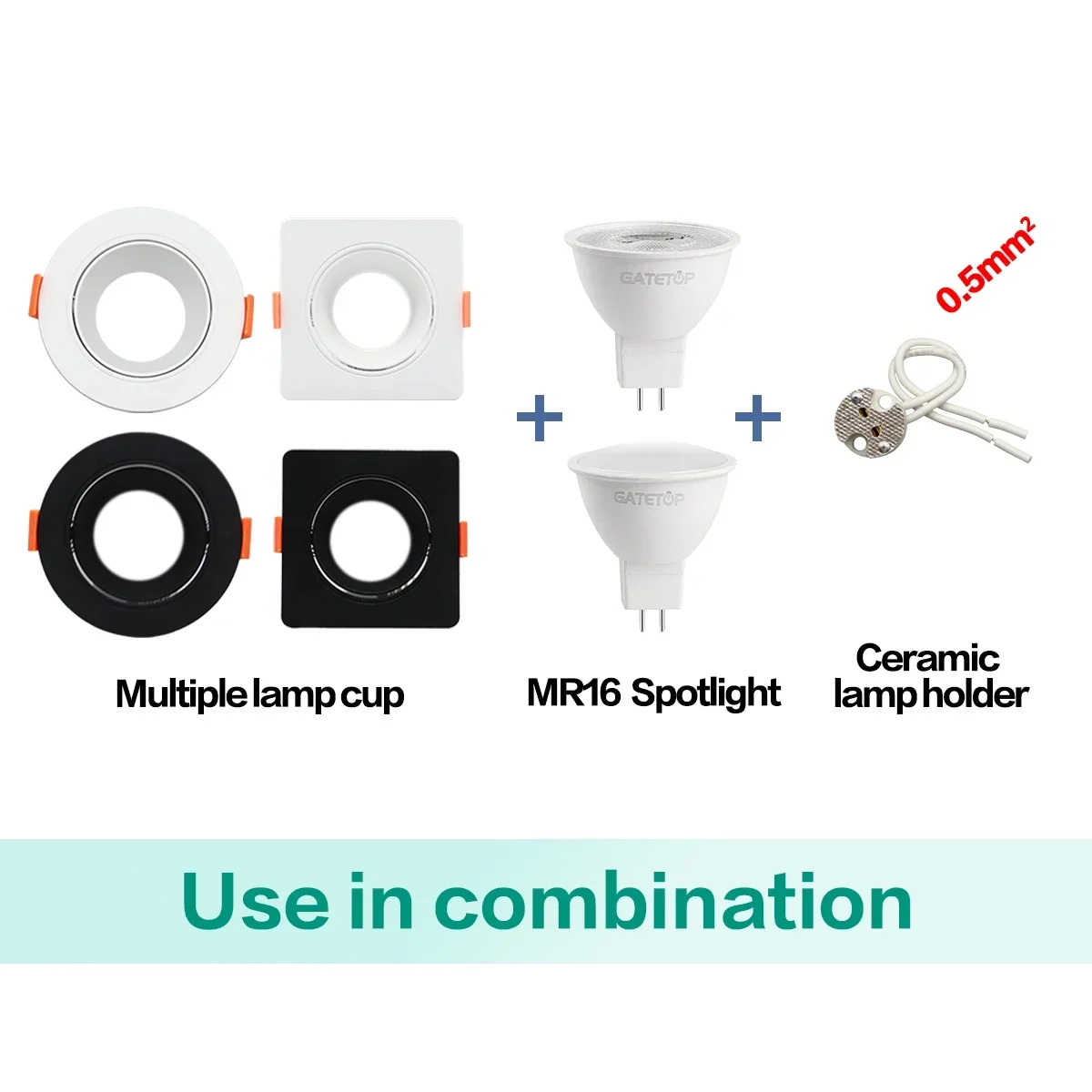 10PCS LED Low Voltage Ceiling Spotlight AC DC 12V Square Round Light Kit 8W MR16 Adjustable White Black Gu5.3 Lamp Holder