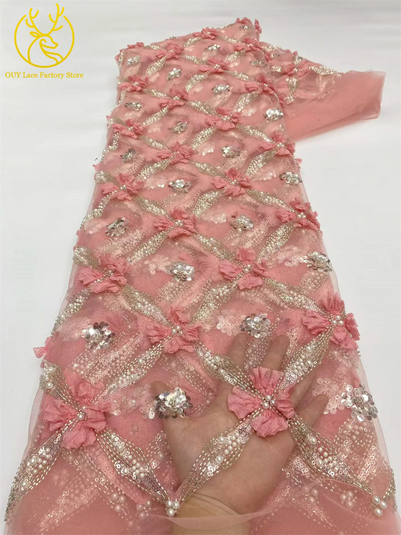 Eleganter, modischer nigerianischer 3D-Tüll-Pailletten-Spitzenstoff, hochwertiger afrikanischer Perlen-Spitzenstoff zum Nähen von Hochzeitskleidern, 5 Yards – Detail 17