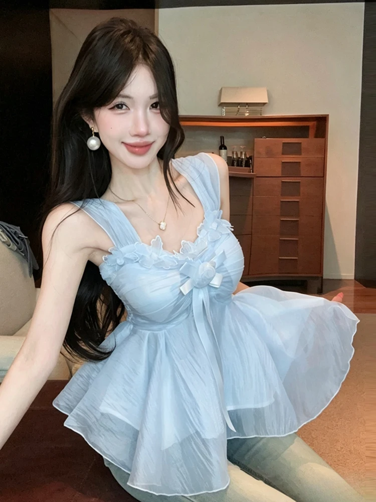 

Sweet Pure Desire Style V-Neck 3D Flower Tube Top Strap Shirt Waist Cinching Slimming Skirt Hem Top Women's Summer Fashion
