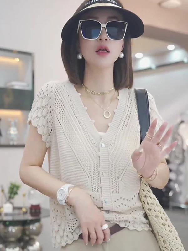 

Ele Knitted Open Cardigan Women's Summer Unique Top Hollow Design Sensation Beige Color Commute Sle Loose Fit ort Sle...