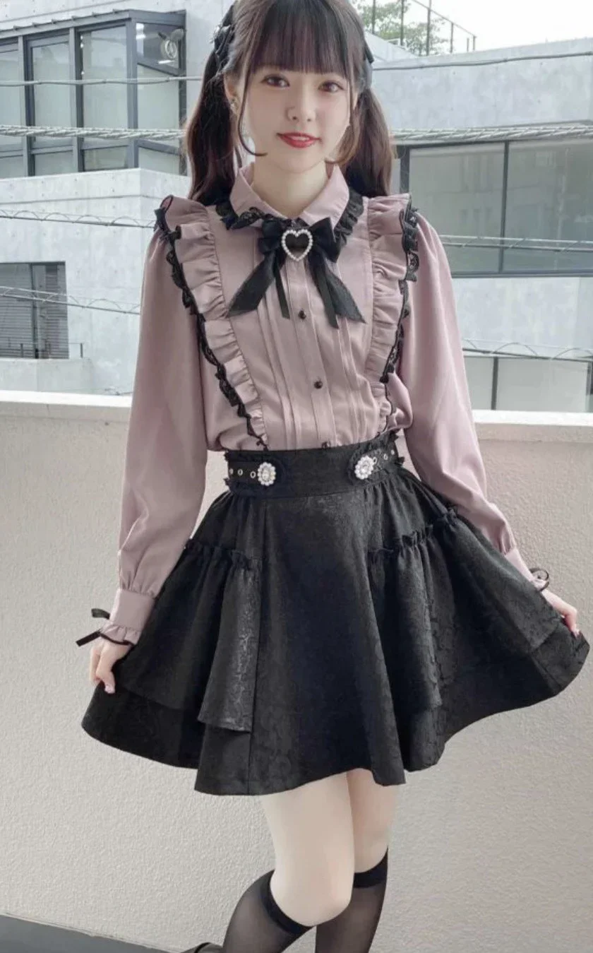 High Waisted Rhinestone Button Jacquard Black Rojita Skirt Mine Mass-Produced Spring Summer Women's Pleated A- Line Skirt