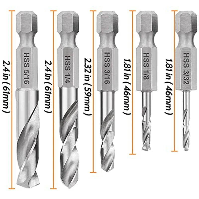 A76I 1/4 Hex Shank Drill Bit Set 5PCS Stubby Drill Bit Set for Metal M2 Short Length Drill Bit Steel for Quick Change Chuck