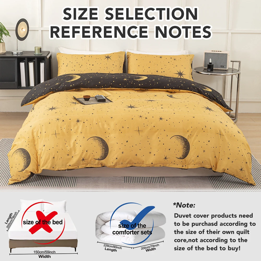 3pcs Celestial Moon and Star Duvet Cover Set,Reversible Yellow Cosmic All Season, Soft And Breathable, All-Season Universal.