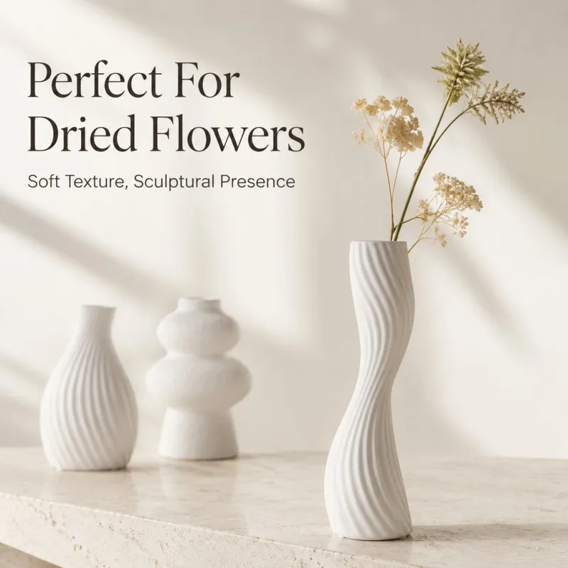 3Pack Wave Twist & Gourd Vase Trio Rough Sand Matte PLA Vase for Boho Farmhouse Shelf Pampas Grass Dry Floral Ornament