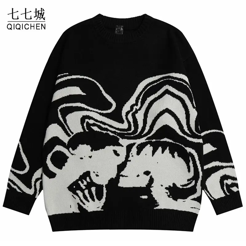 Mens Streetwear Sweater Retro Painting Skull Graphic Hip Hop Knitted Sweaters Y2k Jumpers Pullover Casual Wool Sweater Hipster