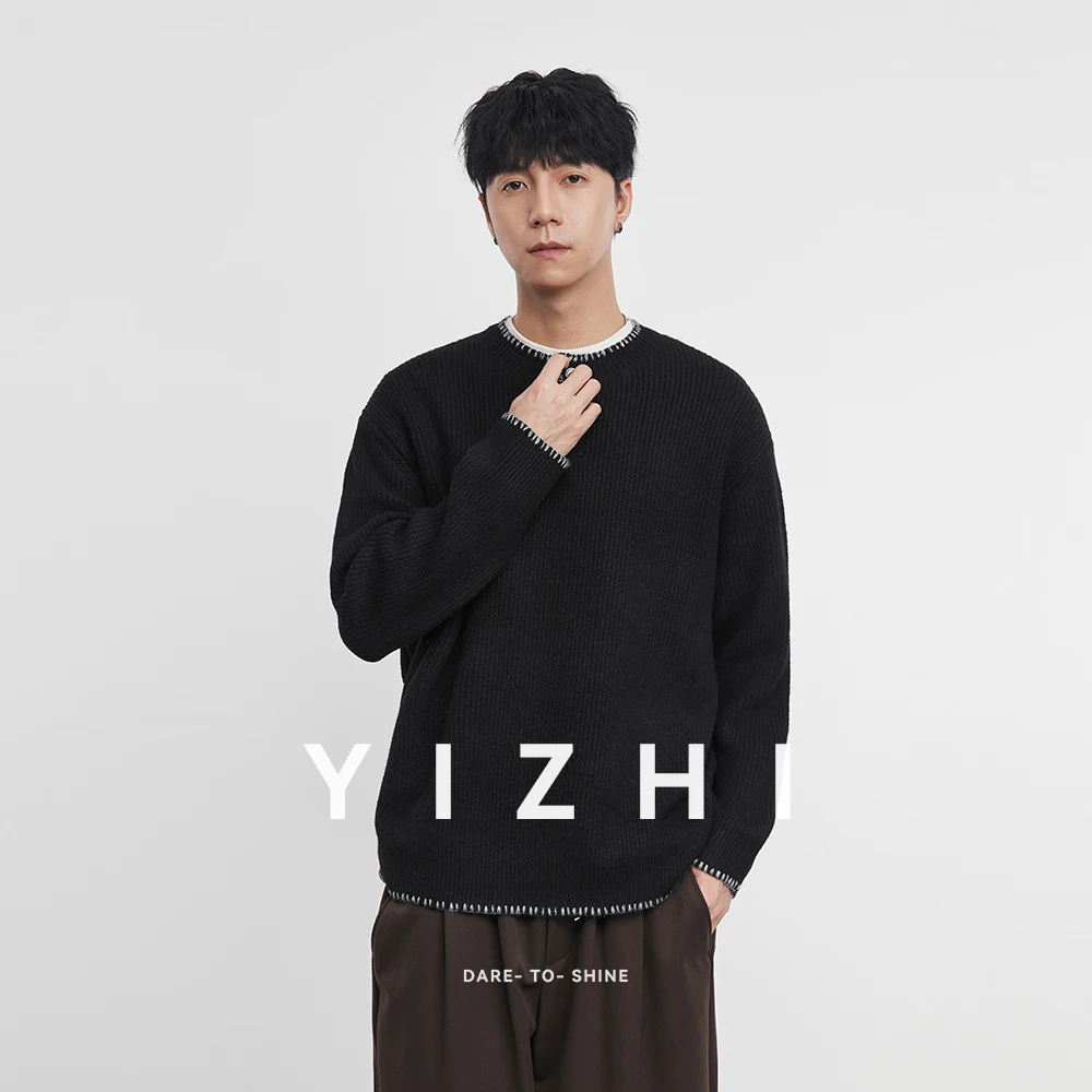 

Fashion Men's Casual Crew Neck Sweater 2025 Winter New Contrast Trim Knitted Pullover Comfortable Soft Long Sleeve Jumper Top