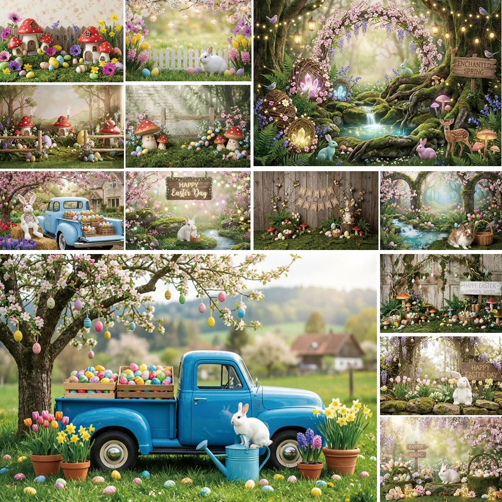 

MOON.QG Spring Happy Easter Photo Background Enchanted Forest Wood Fence Wreath Backdrop Photocall Shooting Props Accessories