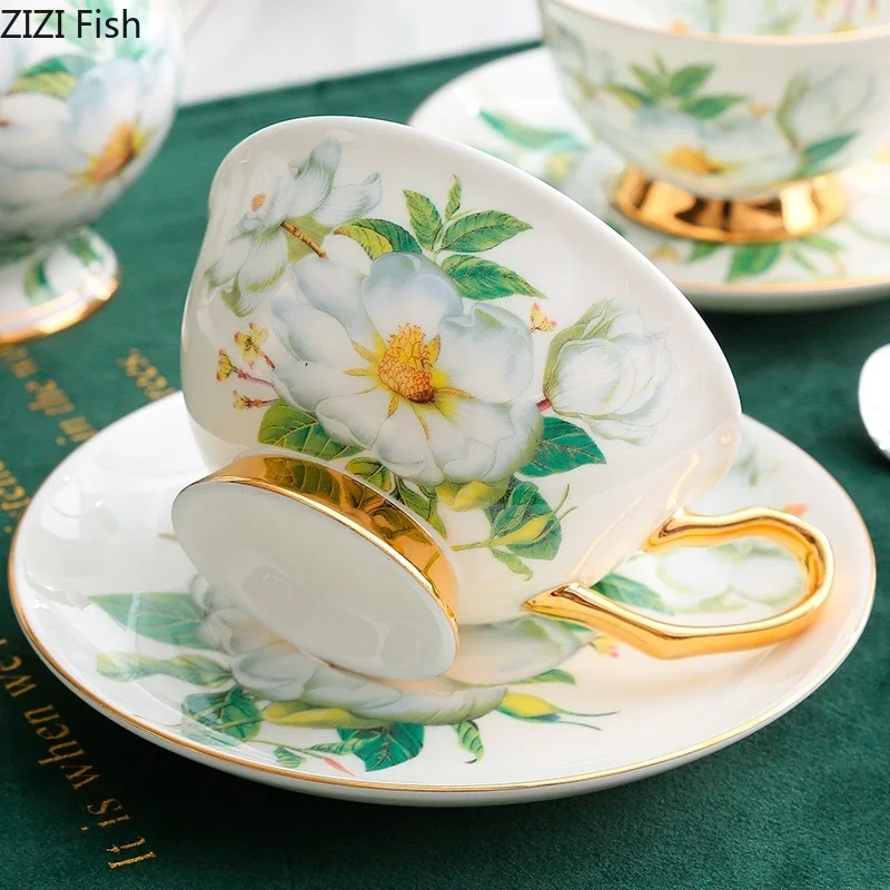 Gold-plated Ceramic Cup&saucer Green Flowers Pattern Coffee Mug Dining Table Milk Mugs Afternoon Tea Teacup Fruits Juice Cup