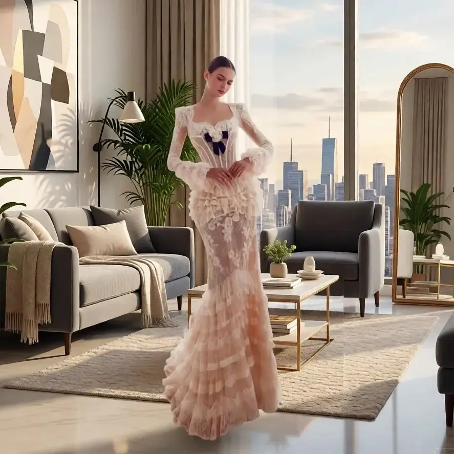 Vestido de sirena romántico gótico de lujo, vestido ajustado con corsé y lazo azul marino, apliques de encaje, fiesta de noche sin espalda, superventas, 2026