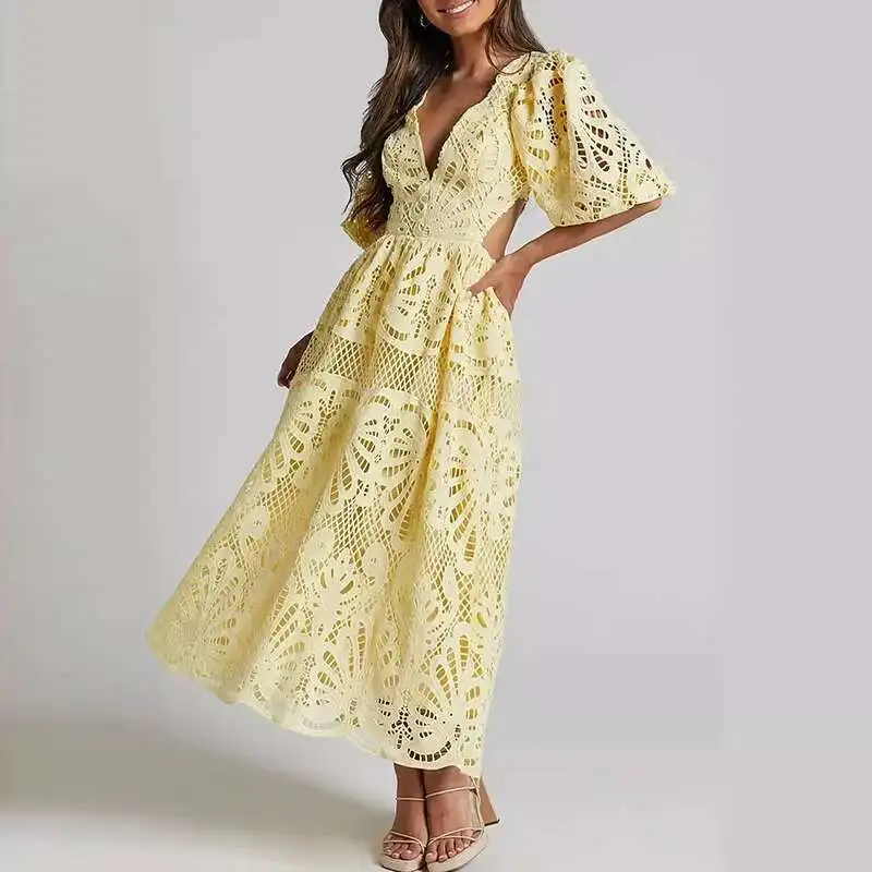 

Fashion Lace Multi Color Slim Party Summer Sexy Backless Puff Sleeve Holiday New Deep V Hollow Embroidery Long Dress