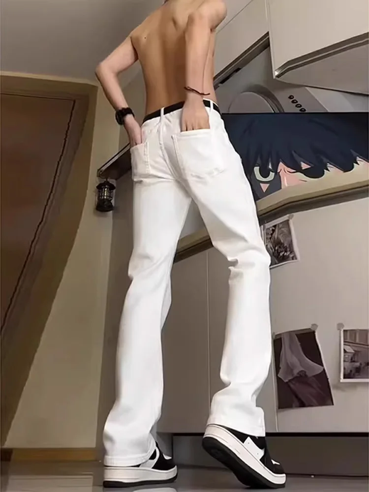

Мужские джинсы Slim Fit с высокой талией, белые, в американском стиле High Street, с расклешенными штанинами, прямые, слегка расклешенные брюки