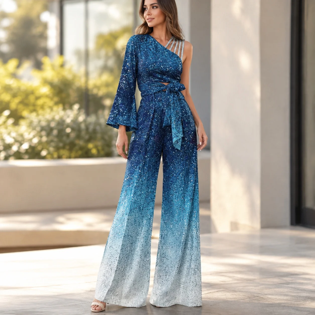 Summer Print Set Elegant Business with Sexy No Stretch Bell Sleeve Mid Waist Straight Leg Long Sleeve Relaxed Fit Women Sets