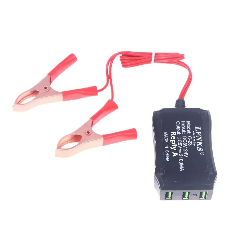 Adaptador de Energia USB de Emergência para Carregamento de Celular, Alta Eficiência, 12V 24V para 5V, 3 Portas USB com Clipe de Bateria - Novo (1 Peça)