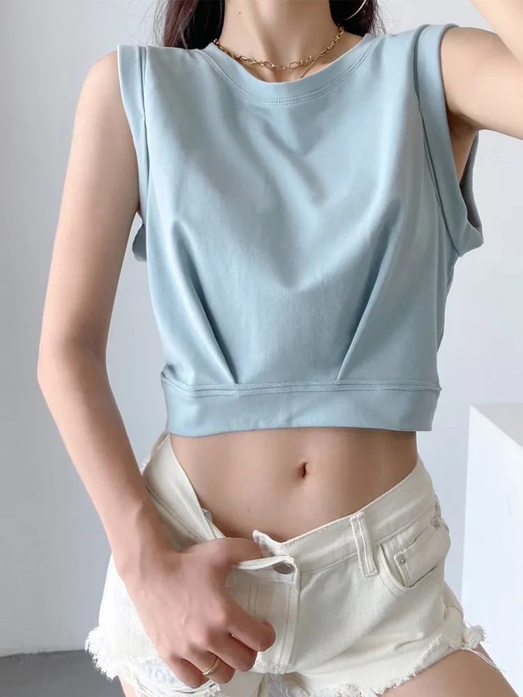 Новое поступление, весенне-летние однотонные повседневные свободные короткие майки с круглым вырезом, спортивный жилет, топ со складками Новое поступление, весенне-летние однотонные повседневные свободные короткие майки с круглым вырезом, спортивный жилет, топ со складками