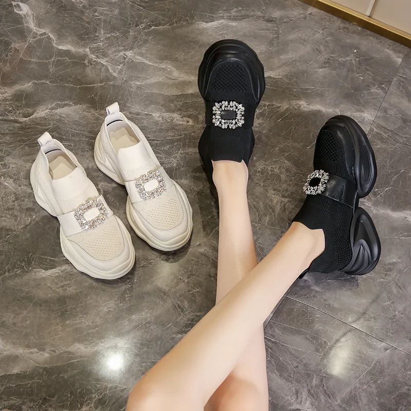 

Women's Sneakers Height Increasing 2024 New Fashion Breath Non Slip Comfort Thick Soled Soft Soled Casual Shoes Rhinestone