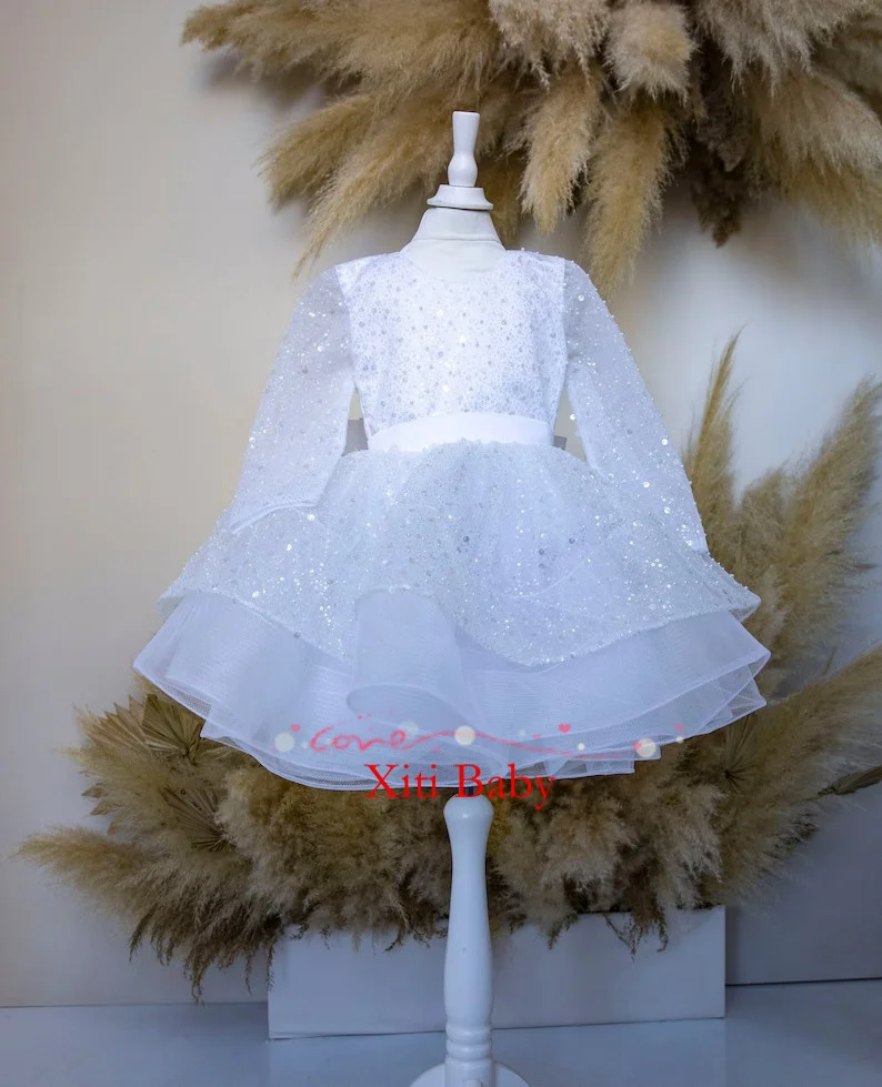 Luxurious Pure White Baby Girls Dresses Organza Infant Girls Birthday Party Gown Christmas New Year Dress Gift 1-14Years