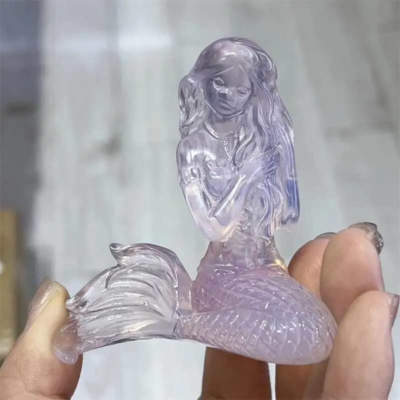 High Quality Pink Opalite Mermaid Carving Animal Crafts Healing Crystal Stone Feng Shui Home Decoration Gift 1PCS