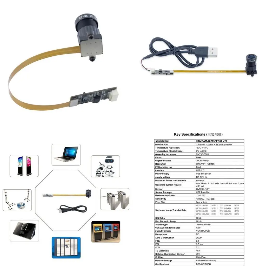 

652F 1MP OV9281 Black and White Camera Module with Adjustable Exposure High Rate 60°FF/ 72°FF/100°FF Option