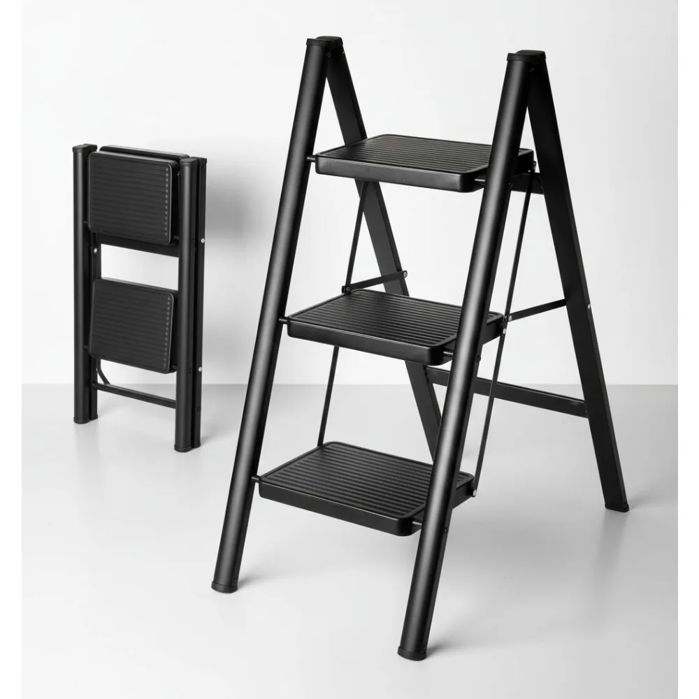 سلم قابل للطي بثلاث خطوات، مقعد فولاذي بسعة 330 رطل مع دواسات مضادة للانزلاق للاستخدام المنزلي في المطبخ #1