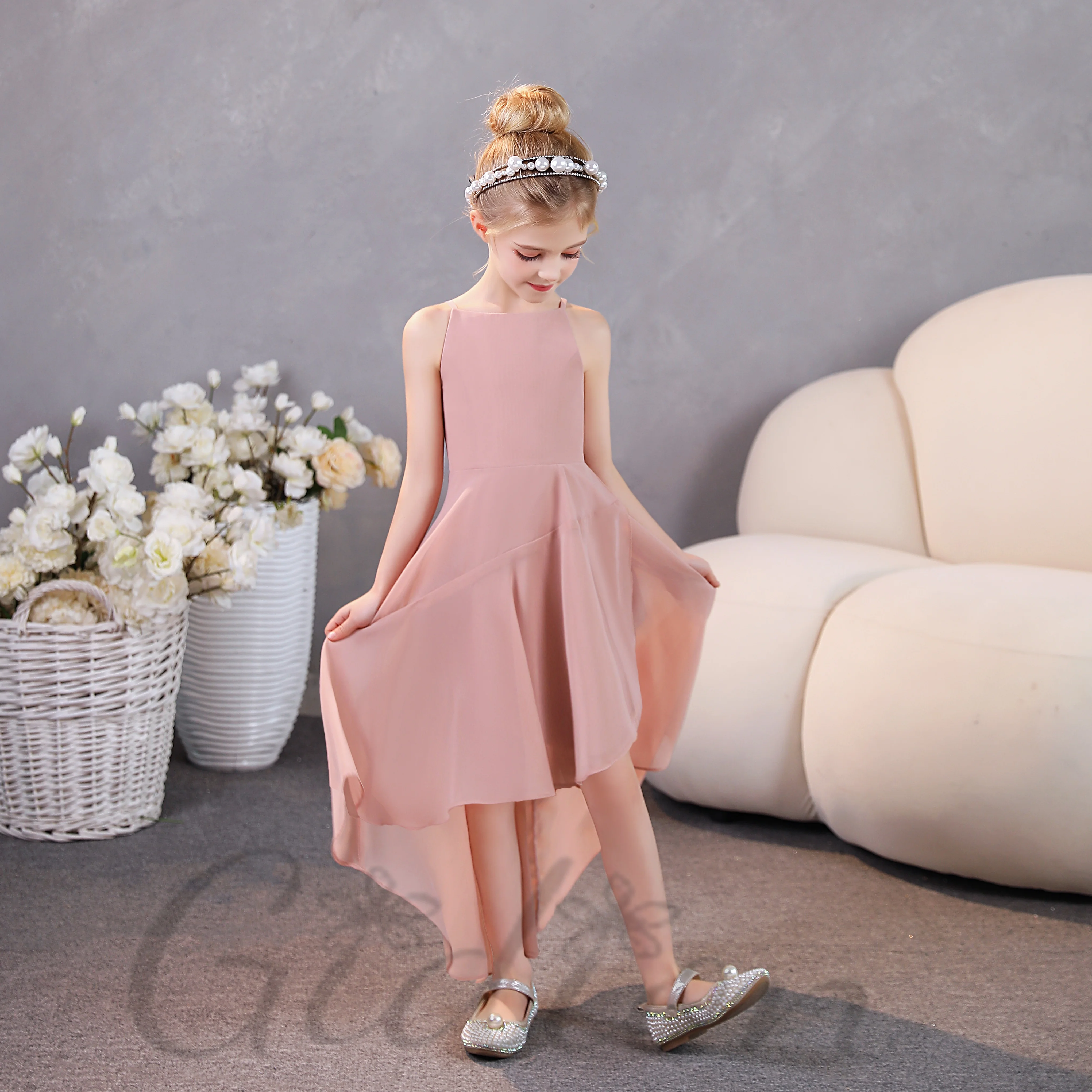 Assymetrische Chiffon Junior Bruidsmeisje Jurk Voor Kinderen Huwelijksceremonie Show Feestvieren Optocht Banket Prom Night