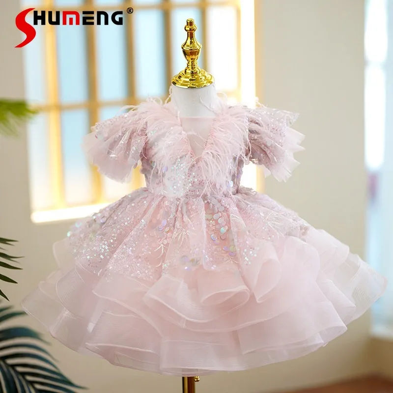 

Детские нарядные платья с цветочным узором для девочек: свадебные, для выступлений на фортепиано, для ведущих, высококачественные сценические весенние платья с перьями