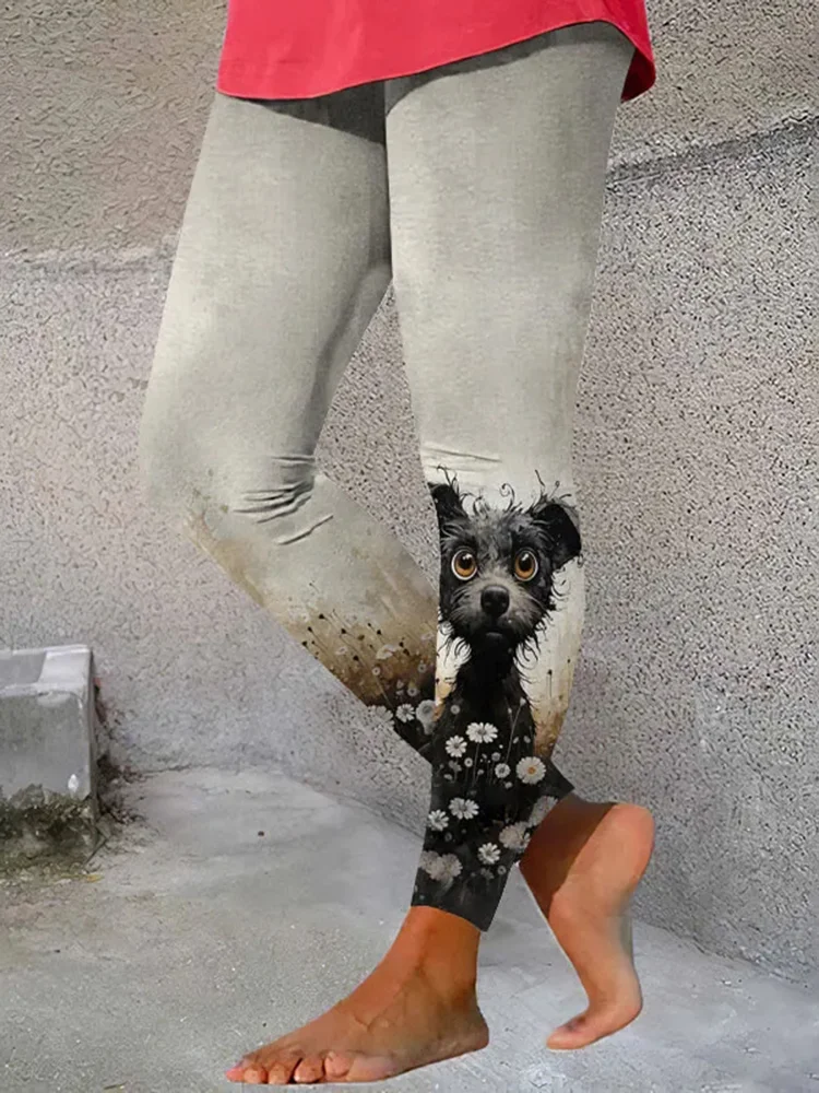 لطيف الكرتون الكلب المطبوعة خمر المرأة عارضة طماق ضيقة الربيع والخريف عالية الخصر قيعان للسيدات السراويل الطويلة