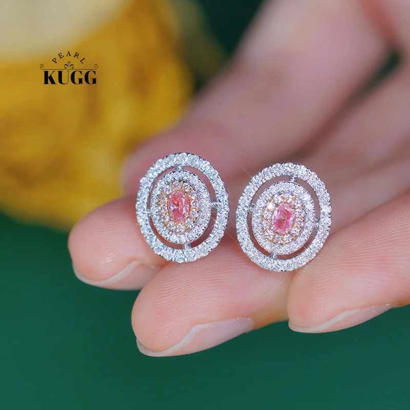 

KUGG 100% 18K White Gold Earrings Luxury Oval Design Real Natural Pink Diamond Stud Earrings for Women High Party Jewelry