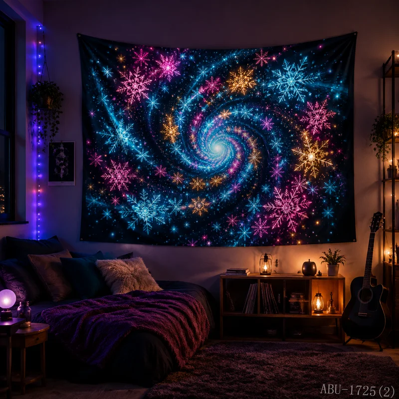 VIKAMA Neon Rainbow Snowflake Galaxy Vortex Starry Spiral Pink Blue Gold Black Glow Christmas Tapestry Wall Hanging Bedroom Soft