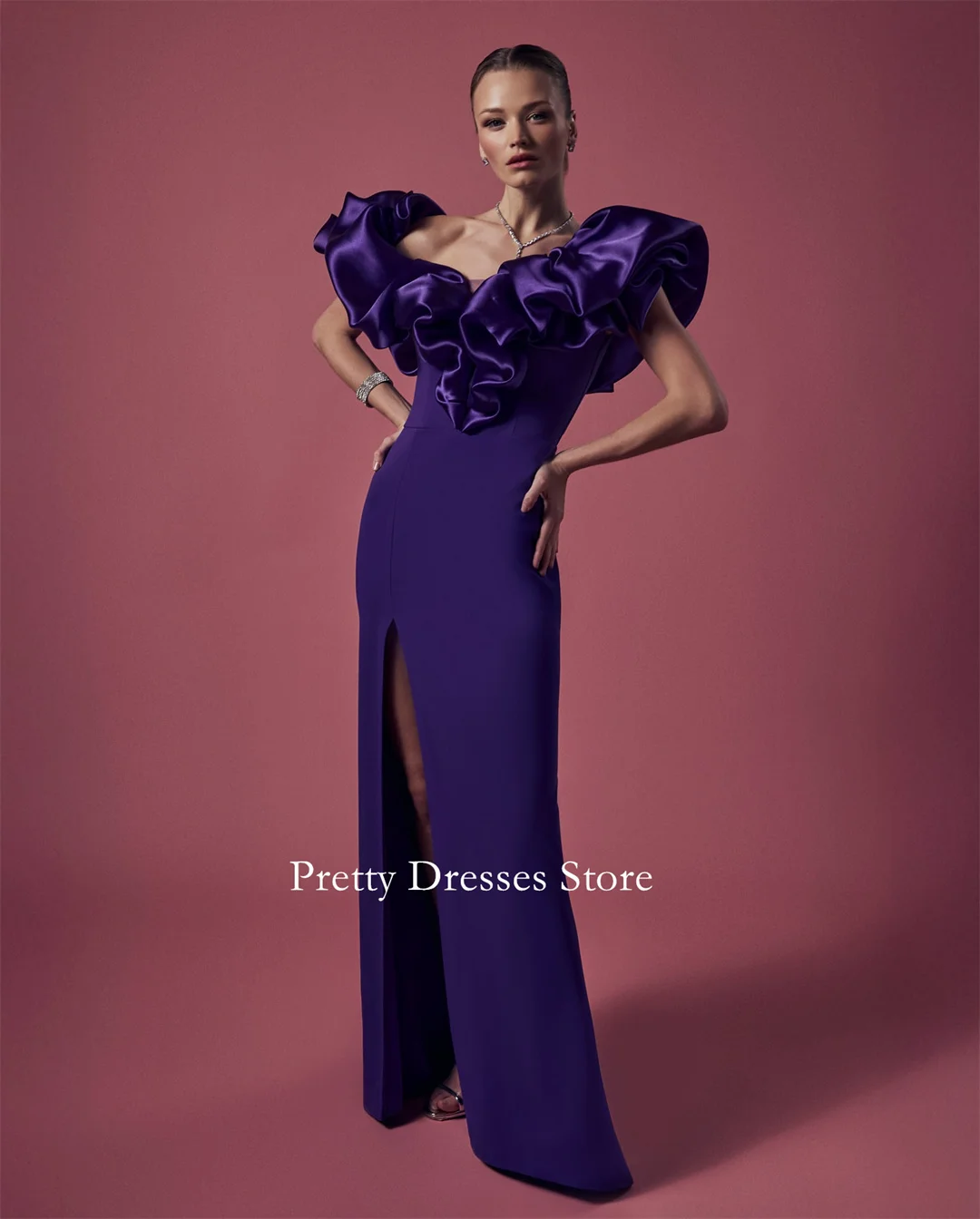 

Fashion Style Crepe Purple Off Shoulder Side Slit Ruched Evening Dresses Customized Formal Prom Growns Party Women Bride