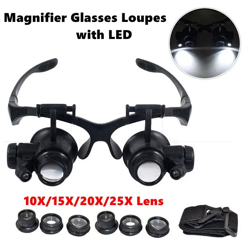 25x Eyewear Loupe Repair Third Hand Helmet Magnifying LED Magnifying Headband Head Wearing Magnifier Glasses Loupes for Reading