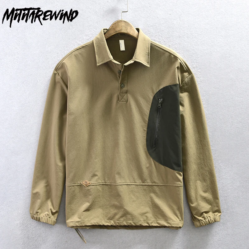 

New Pullover Shirts Man Spring Fall Causal Workwear Streetwear Men Long Sleeve Shirt Pocket Patchwork Shirt Japanese Fashion Top
