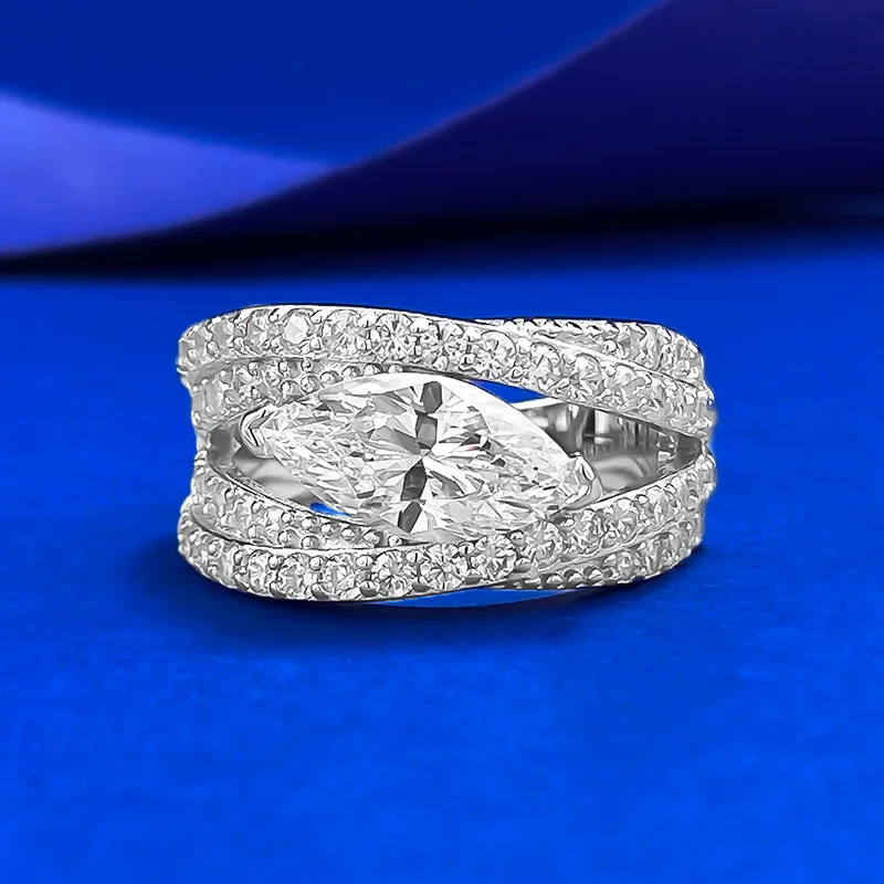 

S925 Silver New Simulated Diamond Ring 6 * 12mm Horse Eye White Diamond Europe and America Wind Speed Sell Cross border