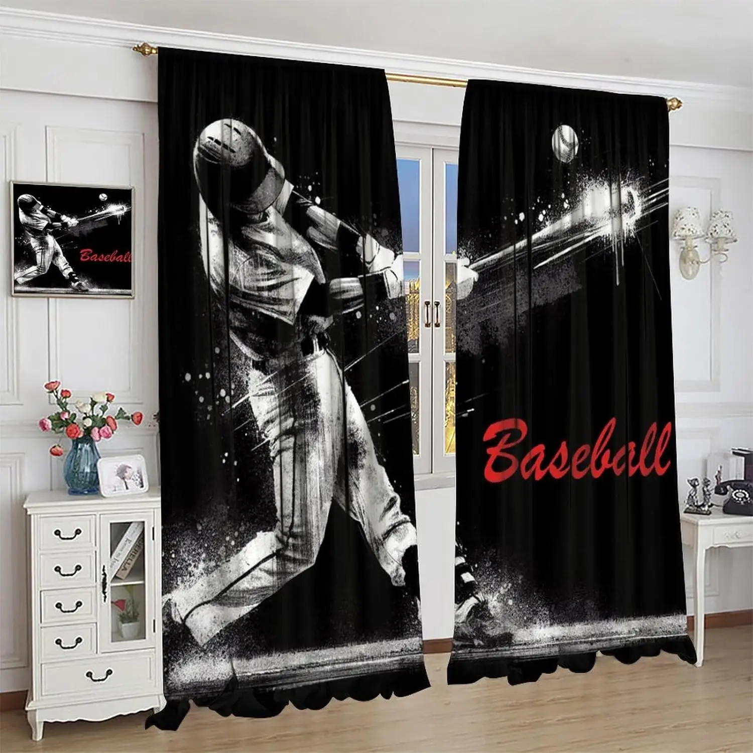 Baseball Sports Curtains Boys Motion Athletes Window Treatments for Kids Boys Teens Bedroom Living Room Sports Decor Window