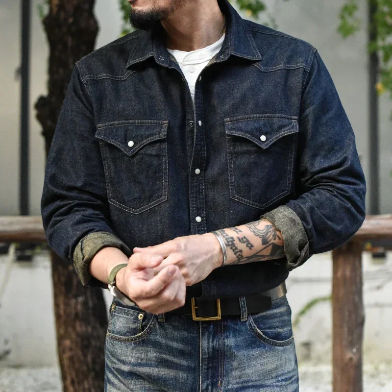 Sauce Zhan Mens Shirt Jeans Shirt Vintage Cotton and Linen Western Cowboy Shirt Long Sleeve Denim Double Pockets