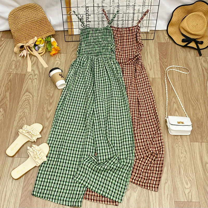 2025년 여름 하이웨이스트 와이드 레그 팬츠 휴가용 여성 롱 팬츠 점프수트 슬리밍 스트랩 디자인 비치 바캉스