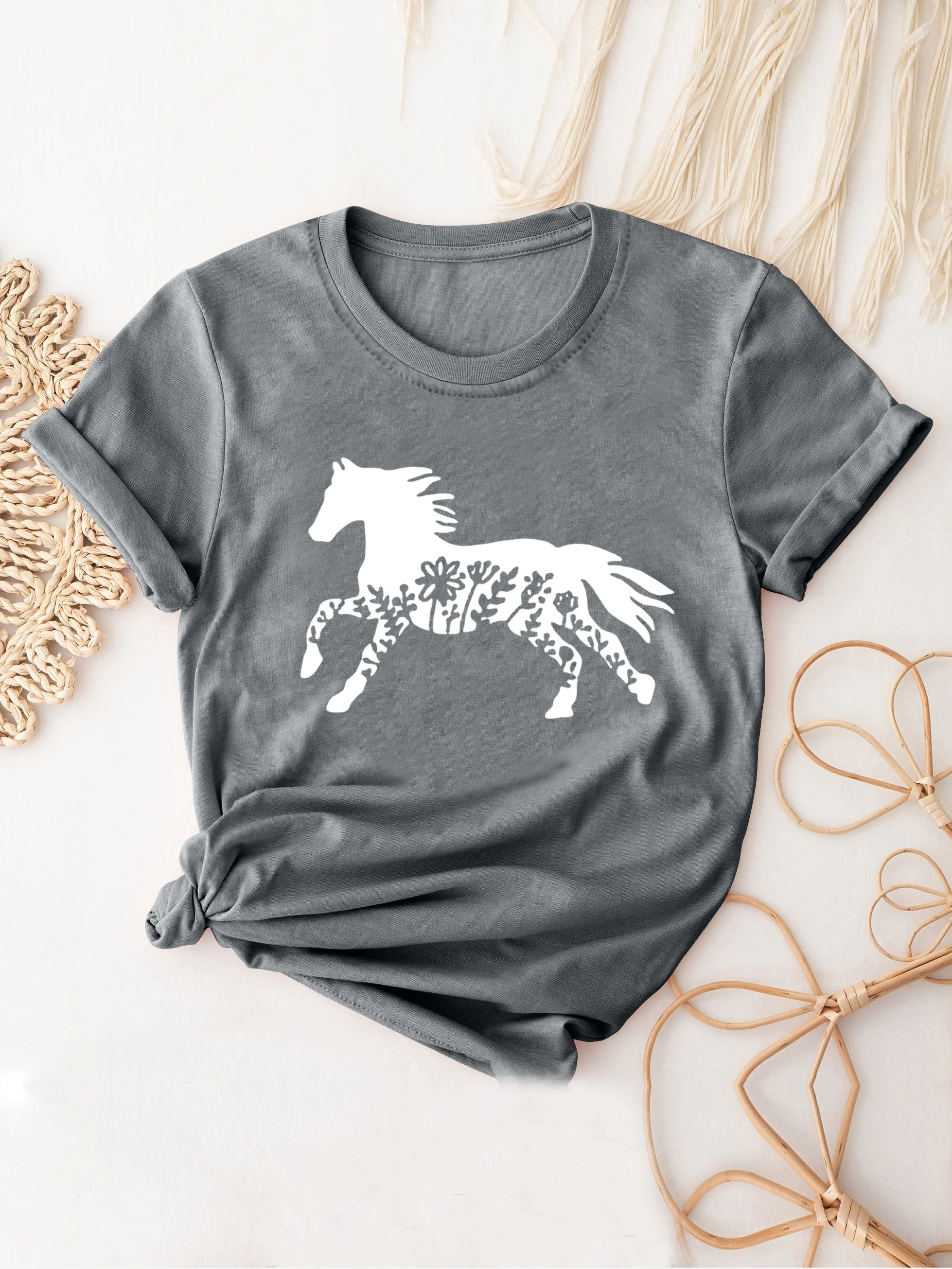 Hardloop Paard Print T-Shirt, Korte Mouw Ronde Hals Casual Top Voor Het Hele Seizoen, Dameskleding