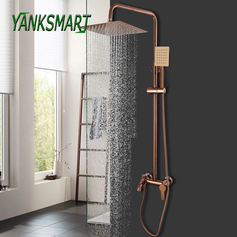 

YANKSMART Rose Gold Rainfall Bathroom Shower System Faucet Wall Mounted Bathtub Chuveiro Mixer Water Tap Shower Faucet Combo Kit