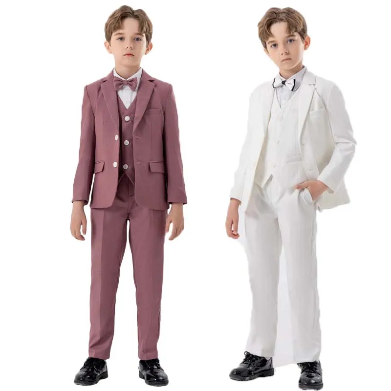 

Children White Pink Jacket Vest Pants Bowtie 4PS Ceremony Photograph Suit Kids Piano Party Dress Flower Boys Performance Costume