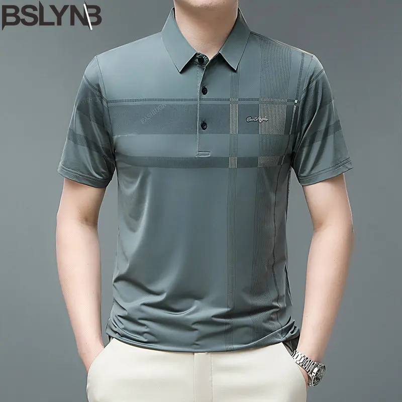 High Quality Men's Business Polo Shirt Striped Short Sleeves Collar T Shirt Male Suitable Brand Polos