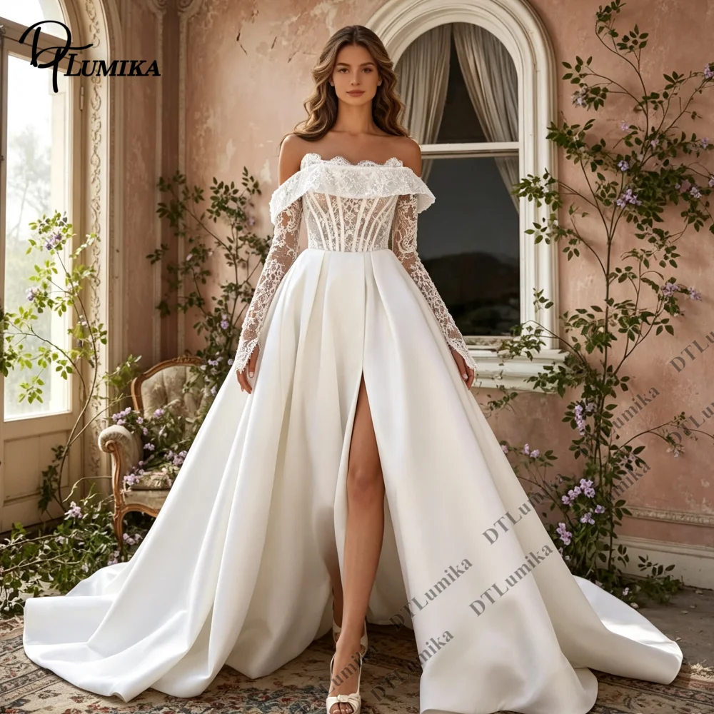 Intricate Satin Bride Dresses Customized 2026 Off Shoulder Lace Long Sleeve Corset Wedding Dress A-Line Bridal Gown High Slit