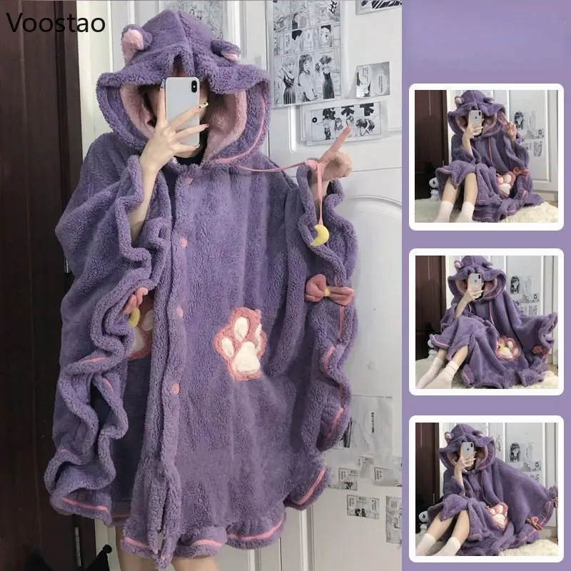 Autumn Winter Magic Cloak Pajamas Cute Cartoon Coral Fleece Robes Women Warm Nightgown Hooded Loose Sleepwear Girls Home Wear