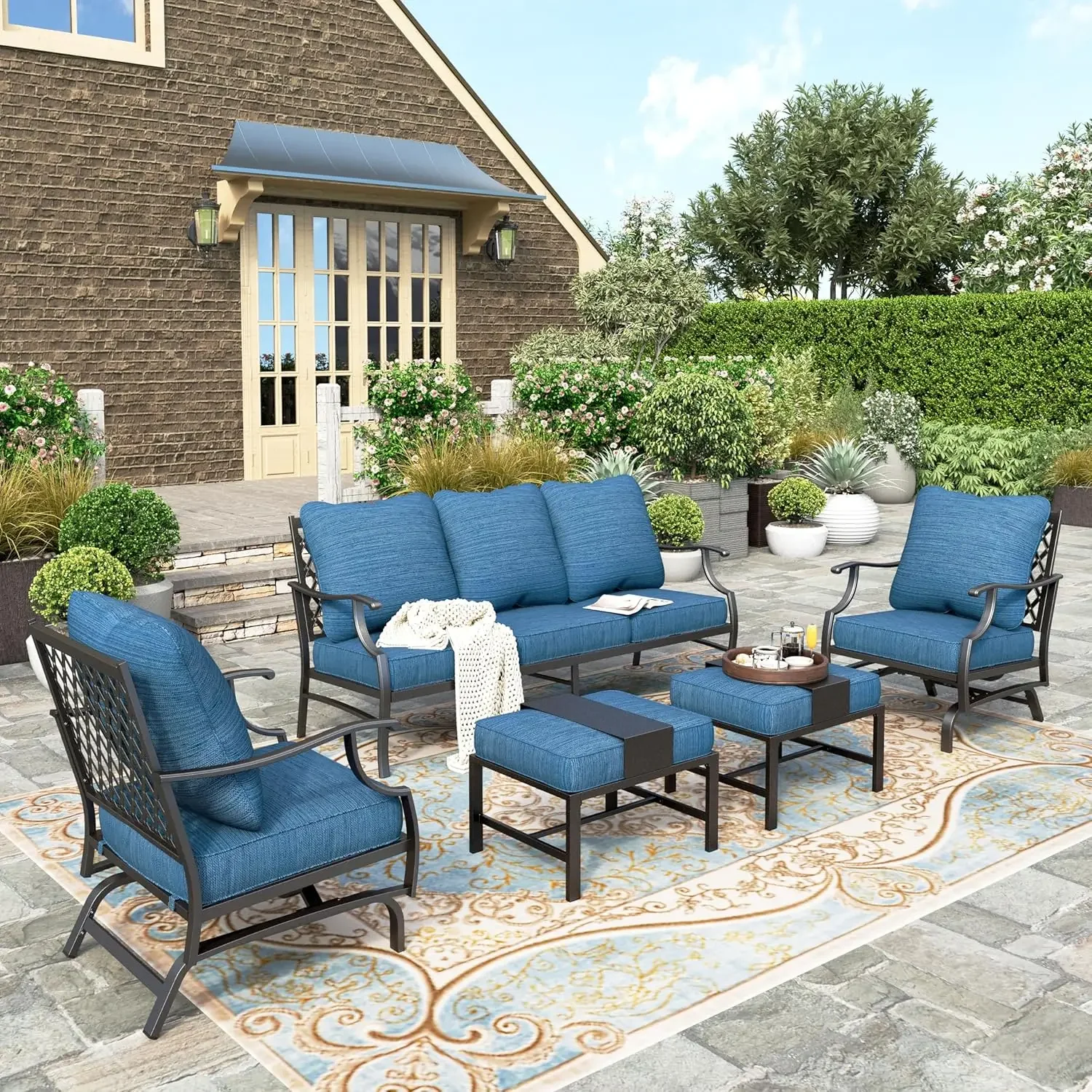 HERA'S HOUSE 5-piece courtyard furniture set, 2 rocking chairs, 2 Ottoman chairs, 1 3-seater sofa, fully cushioned 7-seater