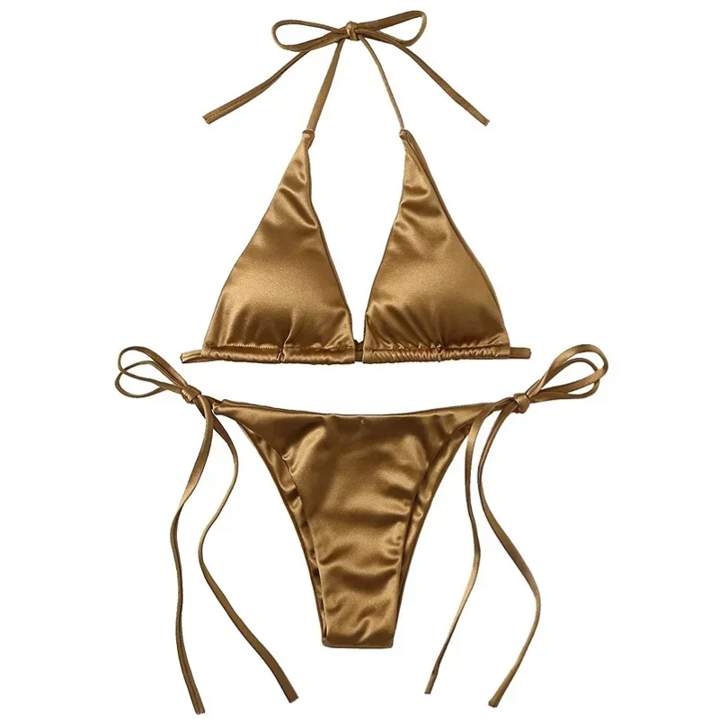 Bikini de dos piezas con cuello Halter para mujer, traje de baño liso con lazo lateral, triangular, ropa de playa