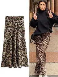 TRAFZA-falda con estampado de leopardo para mujer, faldas Midi Vintage de cintura alta, ropa de calle informal elegante para verano, 2024