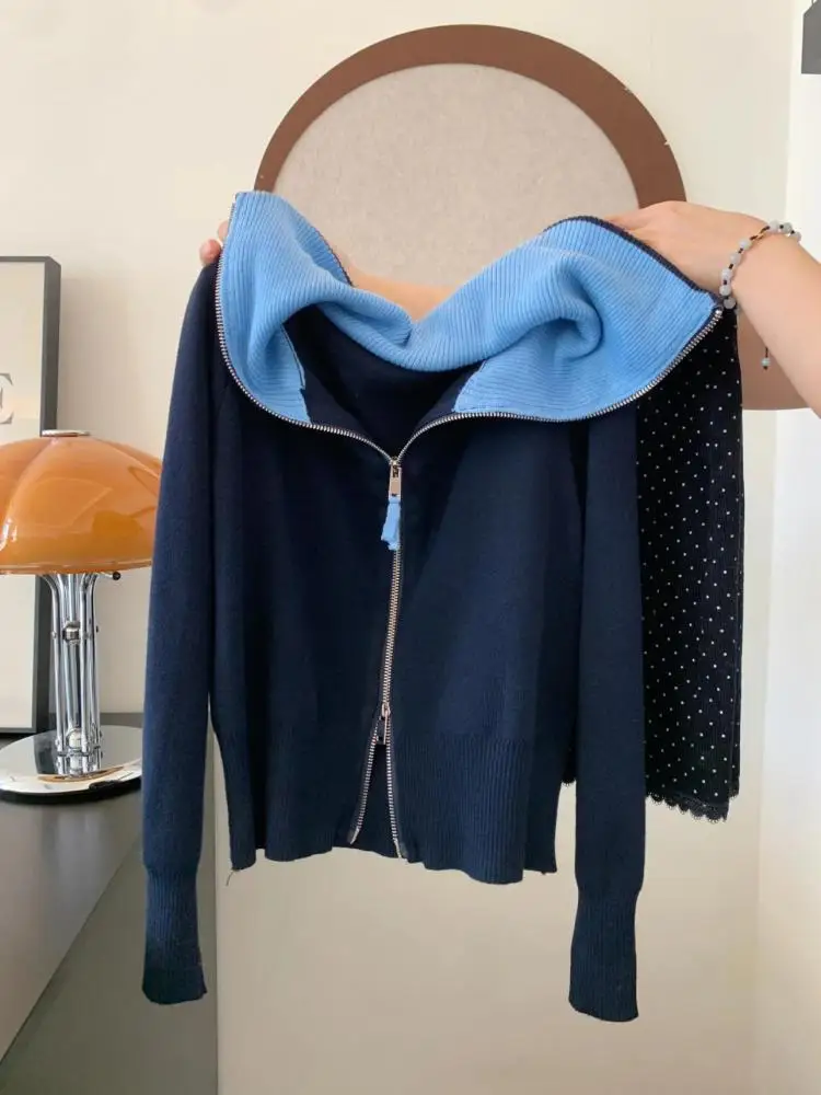 

Autumn Winter Blue Patchwork Long Sleeve Vacation Cardigan Zipper Sweater Retro Women's Versatile Short Knitted Tops Streetwear