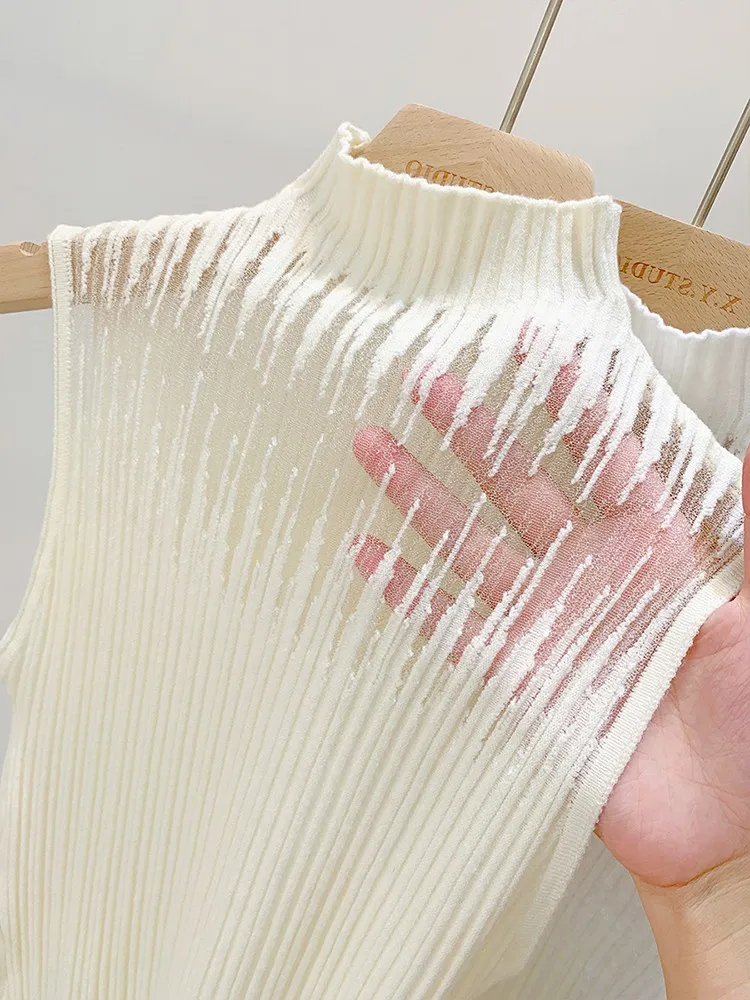 Lace Sleeveless Vest Women's Autumn Winter Half High Collar Fake Collar Top White Base Shirt Knitted Sweater Inner Wear