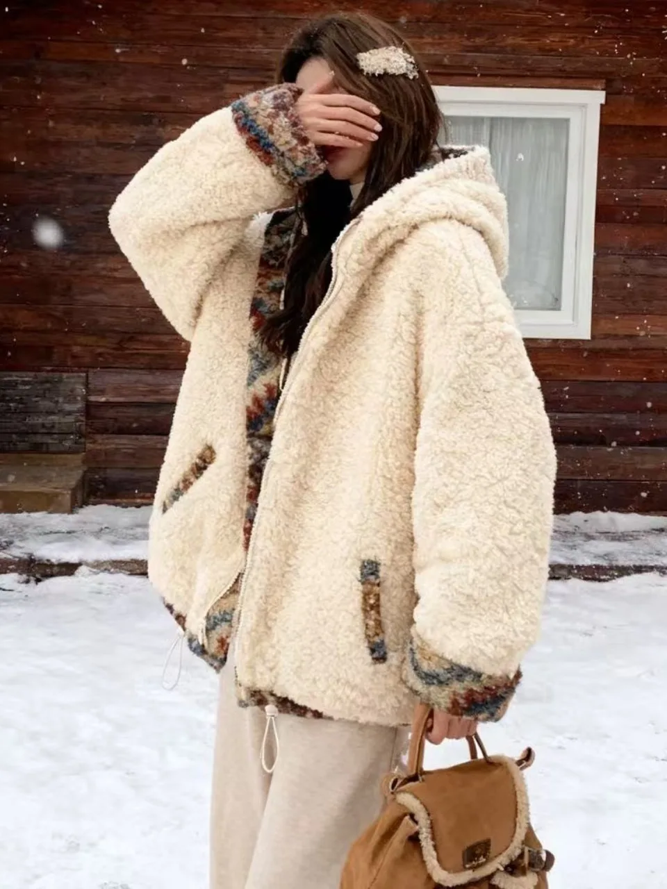 Abrigo de Invierno para Mujer, Estilo Retro Geométrico, de Piel de Cordero o Chaqueta, Cálido, de Doble Cara, de Algodón, Estilo Coreano, Holgado