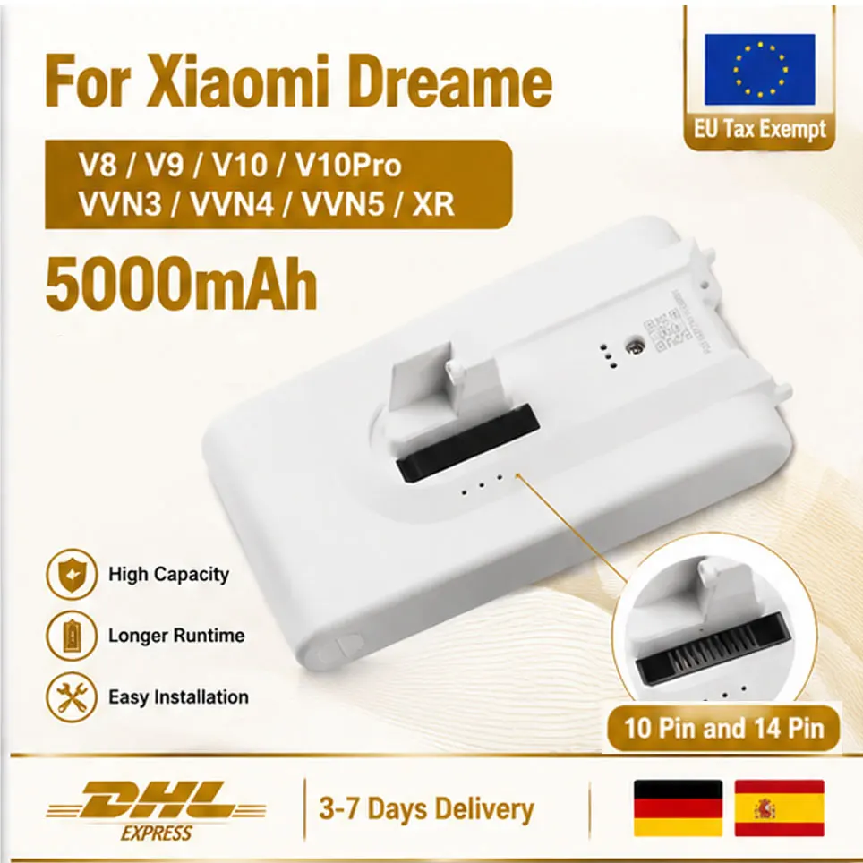 Batterie de remplacement Li-ion Premium 5000mAh compatible avec l'aspirateur sans fil Dreame V8 V9 V10 V10 Pro VVN3 VVN4 VVN5 XR